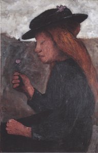 黒い帽子と彼女の右手に花を持つ座っている少女 作： Paula Modersohn Becker